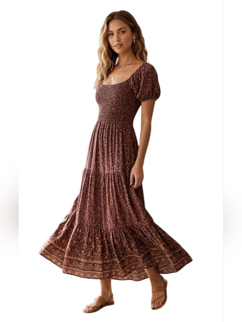 American Eagle Floral Smocked Midi Maxi Dress Puff Sleeve Maroon